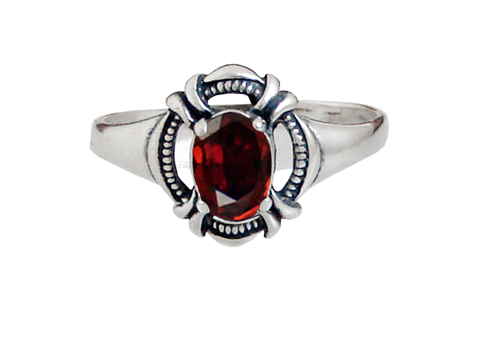 Sterling Silver Elegant Victorian Ring With Faceted Garnet Size 4